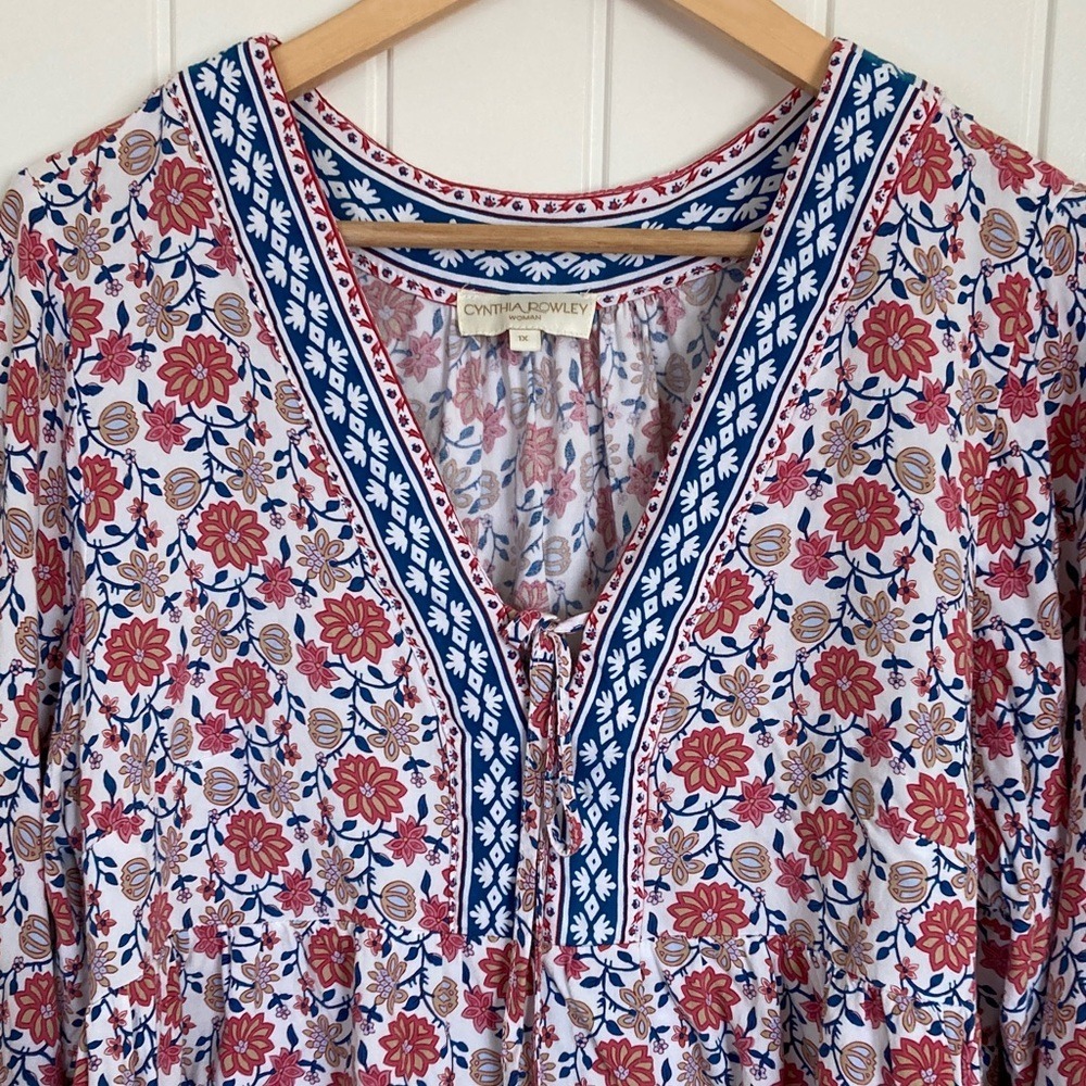 Cynthia Rowley Womens Floral V-Neck Boho Blouse Rust Blue Size 1X 3/4 Sleeve - Picture 3 of 9